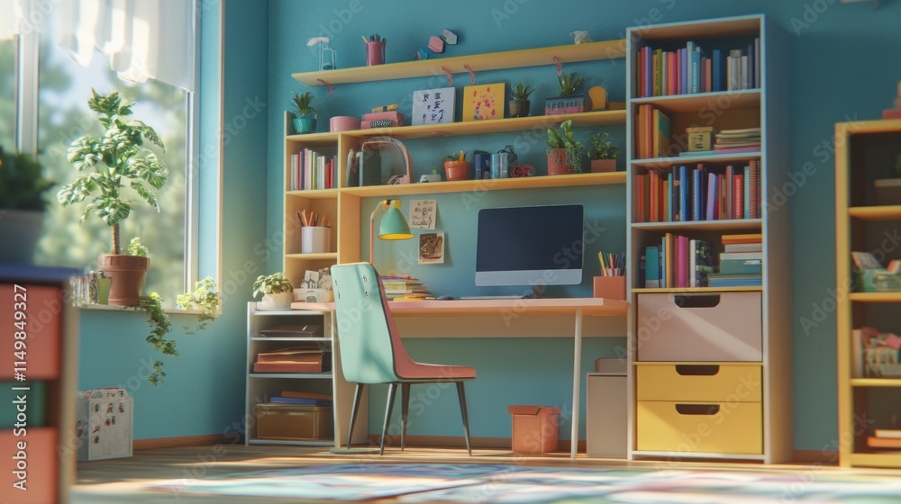 custom made wallpaper toronto digitalSunny kids' room with desk, bookshelves, plants, and colorful decor.