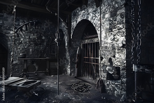 A shadowy medieval torture chamber with eerie, historical instruments of torture, conveying a sense of dread and historical cruelty.