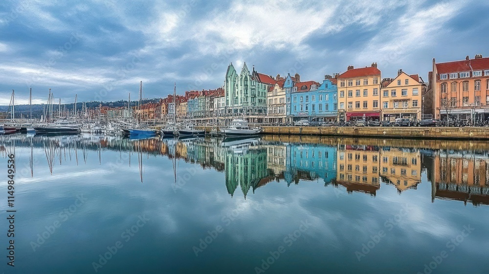 Obraz premium Colorful waterfront buildings reflected in calm harbor water under a cloudy sky.