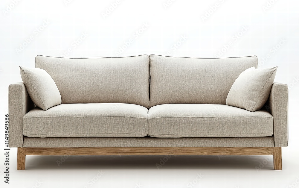 Fototapeta premium Clean modern sofa in a well-lit room with neutral tones, light wood accents, and soft cushions