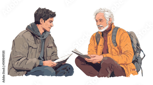 An illustration depicts a young man and an older man sitting outdoors, both holding open books. The younger man wears a brown jacket, while the older man sports an orange jacket and backpack. They app