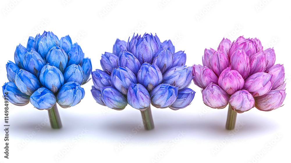 Obraz premium Three vibrant flower clusters in blue, purple, and pink, isolated on white.