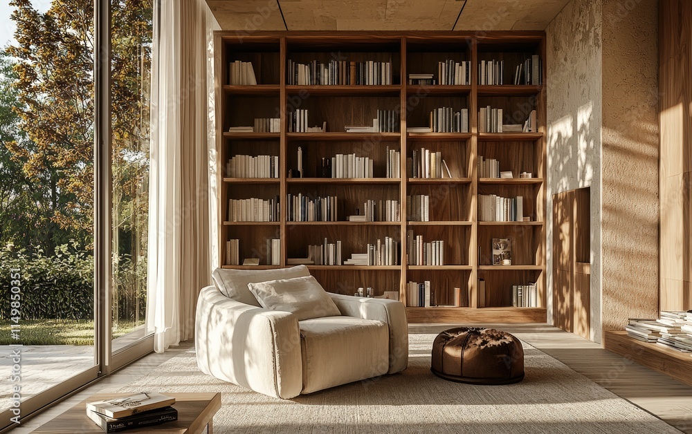 Cozy armchair in a stylish reading corner with natural light and neutral decor Cozy armchair in a stylish reading corner with natural light and neutral decor