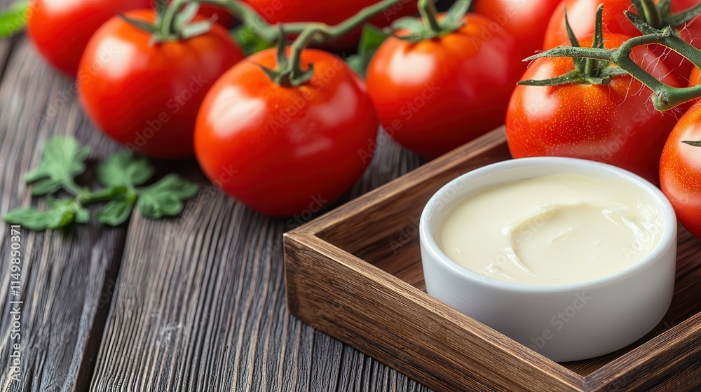 Tomato spa masks rejuvenate skin. Fresh tomatoes with creamy sauce on a wooden table. Tomato spa masks rejuvenate skin. Fresh tomatoes with creamy sauce on a wooden table.
