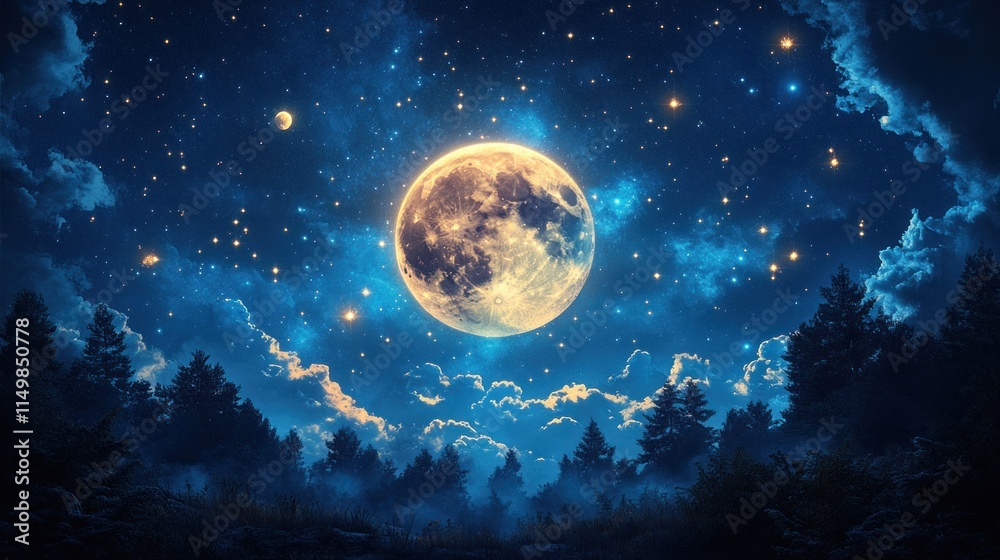 Obraz premium Full moon, starry night, silhouetted forest.