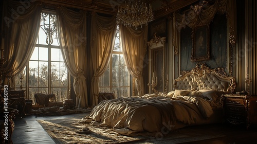 Sunlit opulent master bedroom with large windows, antique furniture, and luxurious bedding.