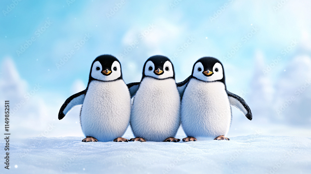 Obraz premium Cute baby penguins standing together on snowy landscape, showcasing their fluffy feathers and playful demeanor. charming scene of friendship in winter wonderland