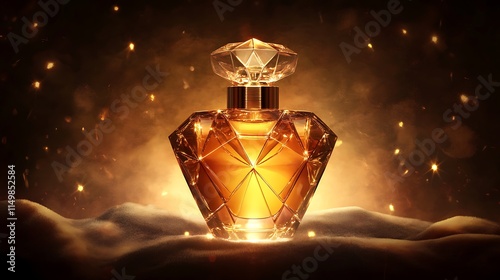 Luxurious perfume bottle with golden liquid,  sparkling lights and dark background.