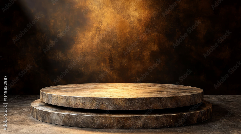 Fototapeta premium Two-tiered wooden podium on dark background.