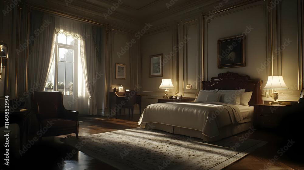 Fototapeta premium Sunlit Luxury Bedroom 3D Illustration