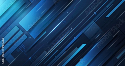 Abstract blue geometric design with layered shapes and gradients.