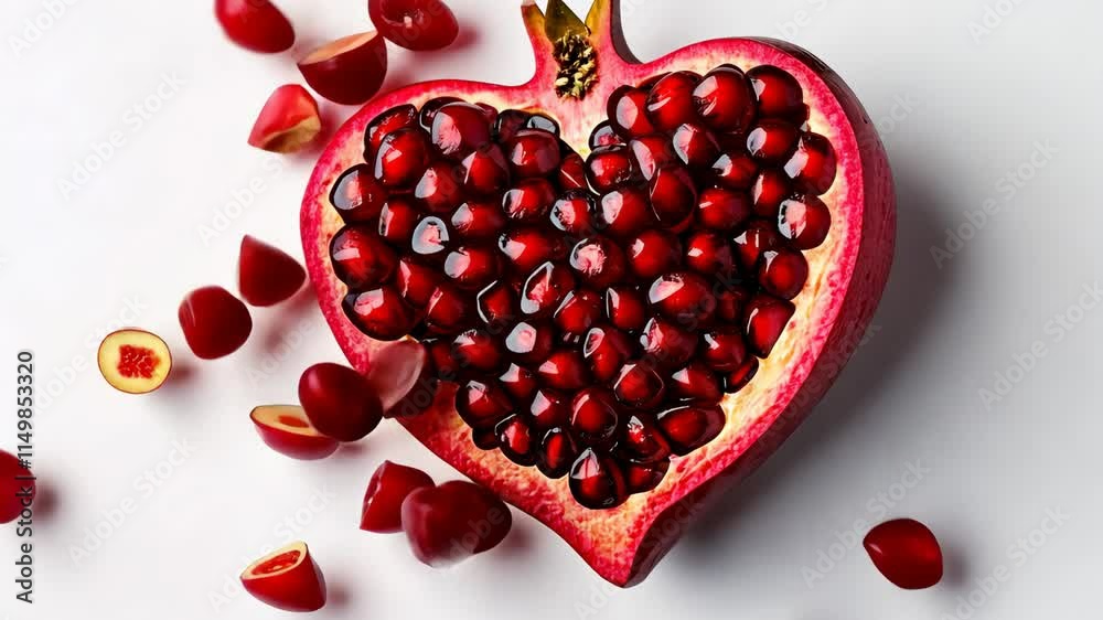 Heart made of pomegranate seeds. The heart is red and the pomegranate seeds are scattered throughout the heart