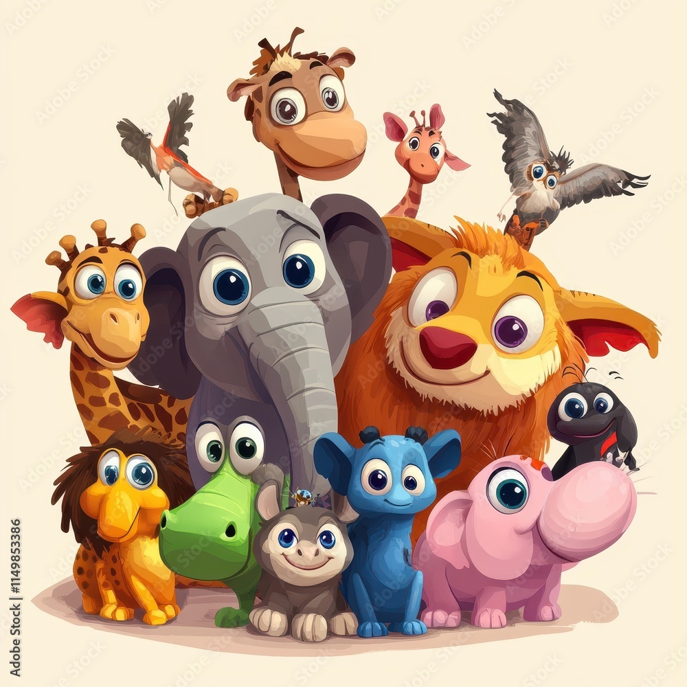 Naklejka premium A Group Of Adorable Cartoon Animals Together