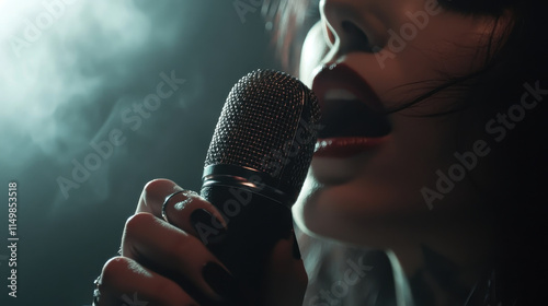 close up of a singer holding a retro microphone in moody lighting