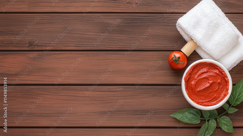 Tomato spa masks rejuvenate skin. Fresh tomato sauce with herbs on a wooden surface. Tomato spa masks rejuvenate skin. Fresh tomato sauce with herbs on a wooden surface.
