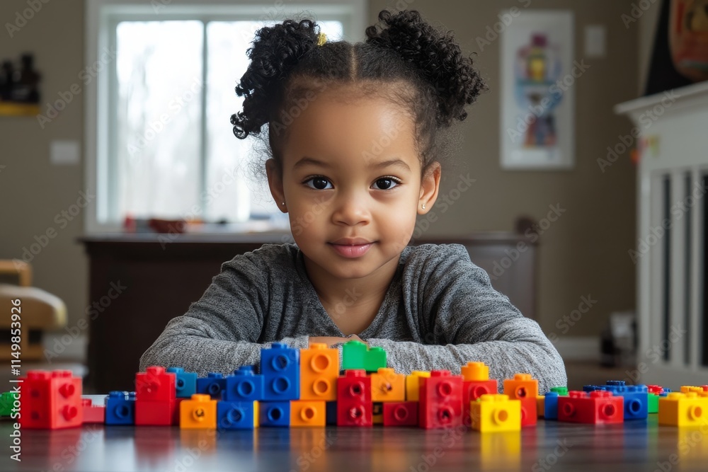 Young child engaged in creative play with colorful building blocks indoors Young child engaged in creative play with colorful building blocks indoors