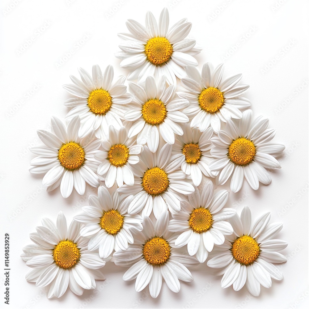 Fototapeta premium A Beautiful Arrangement of Fresh White Daisies with Bright Yellow Centers on a Soft White Background for Nature and Floral Themed Projects
