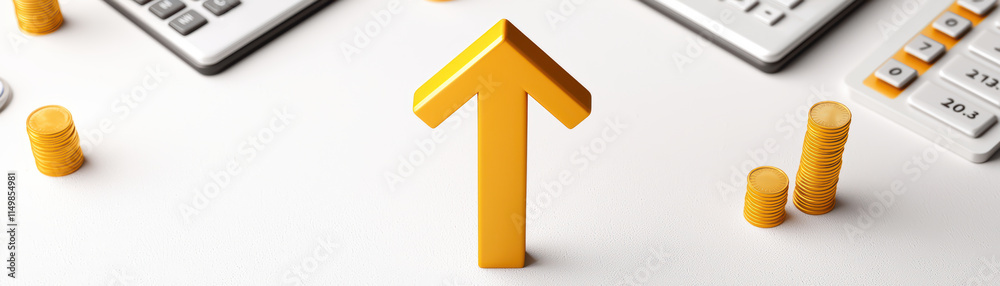 close up of 3D upward arrow symbolizing growth, surrounded by coins and calculators, representing financial success and investment strategies close up of 3D upward arrow symbolizing growth, surrounded by coins and calculators, representing financial success and investment strategies