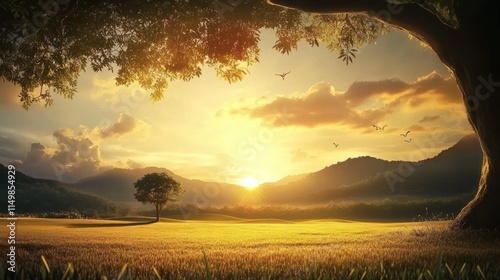 Serene sunset over golden field, lone tree, mountains, birds in flight.