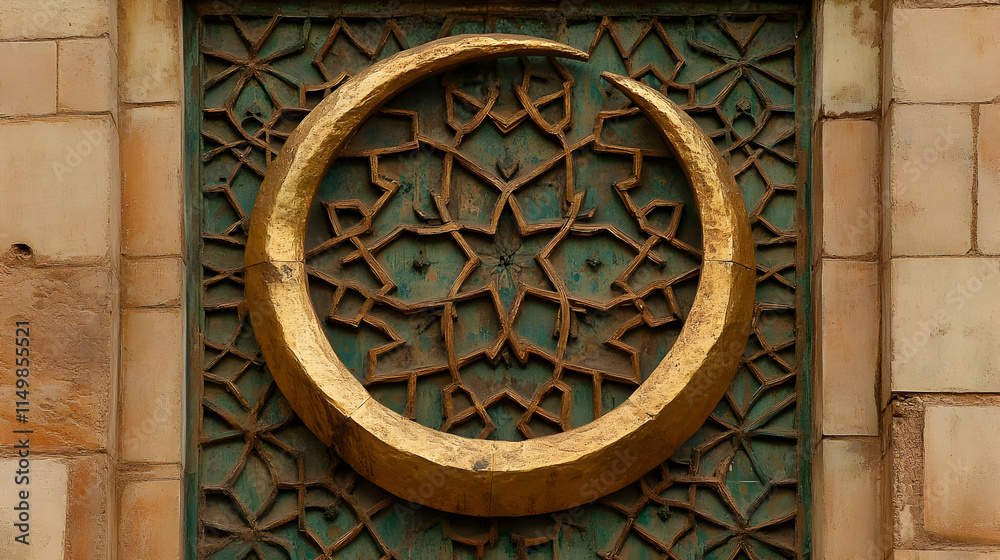 Obraz premium Golden Crescent and Teal Lattice Illustration