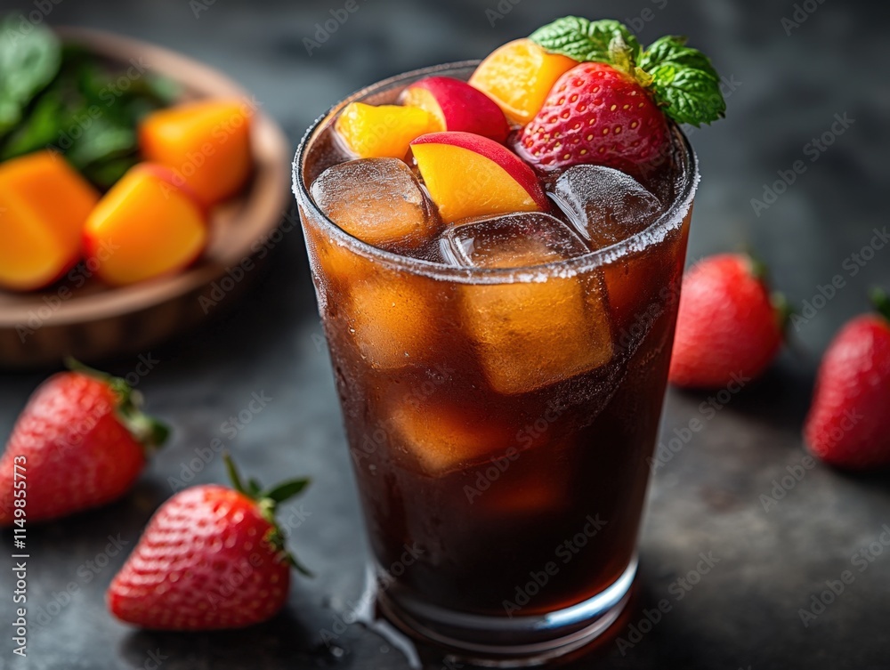 Iced tea with peach and strawberry garnish in glass. Iced tea with peach and strawberry garnish in glass.