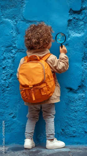 Child with curly hair exploring a blue wall using a magnifying glass in a vibrant urban area