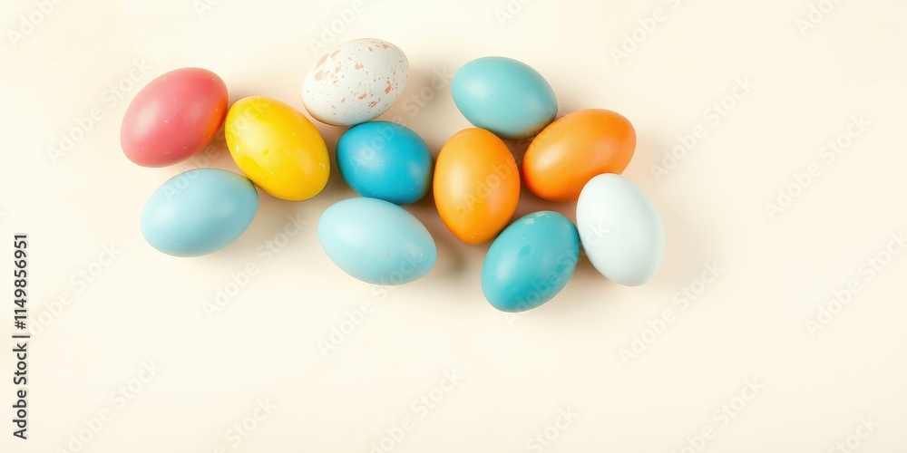 Pastel-colored eggs arranged in a whimsical cluster on a beige background, a festive spring image Pastel-colored eggs arranged in a whimsical cluster on a beige background, a festive spring image