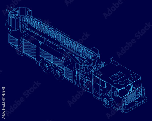 Fire engine truck or firetruck car vector contour, firefighter vehicle. Firefighting lorry, fireman emergency rescue, transport, isometric view flat car with classic siren alarm and water tank hose