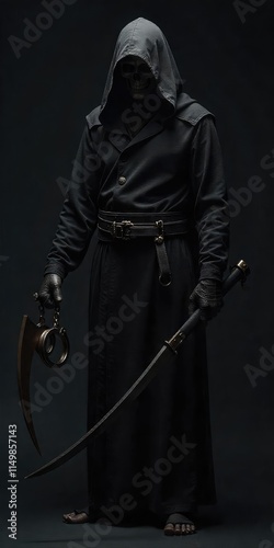 A full-body shot of the Grim Reaper holding handcuffs in one hand and a scythe in the other against a dark isolated background. photo