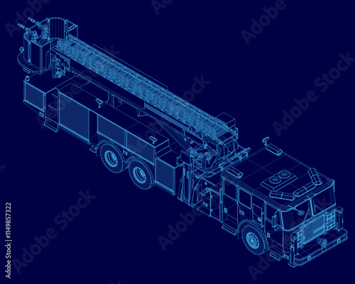 Fire engine truck or firetruck car vector wireframe, firefighter vehicle. Firefighting lorry, fireman emergency rescue, transport, isometric view flat car with classic siren alarm and water tank hose