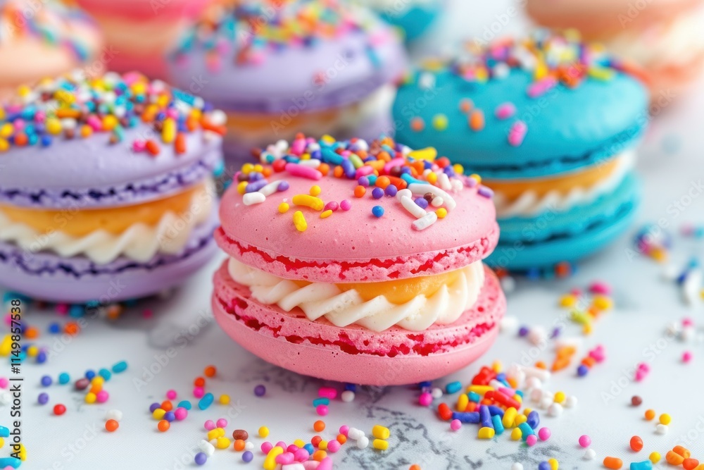 Delicious and colorful macarons are laying on a marble table, decorated with sprinkles Delicious and colorful macarons are laying on a marble table, decorated with sprinkles