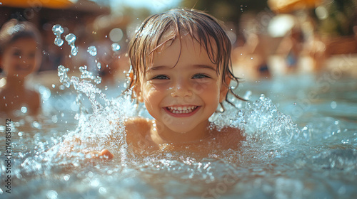 Outdoor fun with children splashing in a fountain on a hot summer day in a city square photo