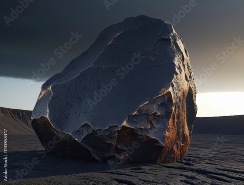 A singular, majestic volcanic stone with a pockmarked, weathered surface, featuring rugged, jagged edges and a mottled color palette of deep,generative ai photo