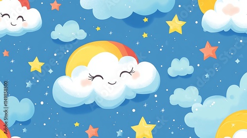 Seamless pattern with cute cartoon clouds, rainbows, stars and moon on blue background.