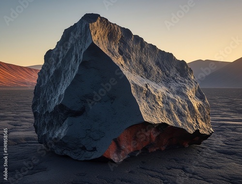 A singular, majestic volcanic stone with a pockmarked, weathered surface, featuring rugged, jagged edges and a mottled color palette of deep,generative ai photo