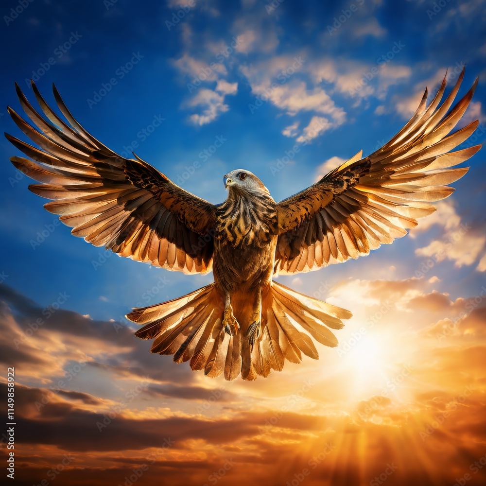 Obraz premium A majestic eagle spreads its wings wide, soaring through a colorful sky at sunrise. The bird's feathers catch the golden light, highlighting its beauty and strength as it glides effortlessly in flight