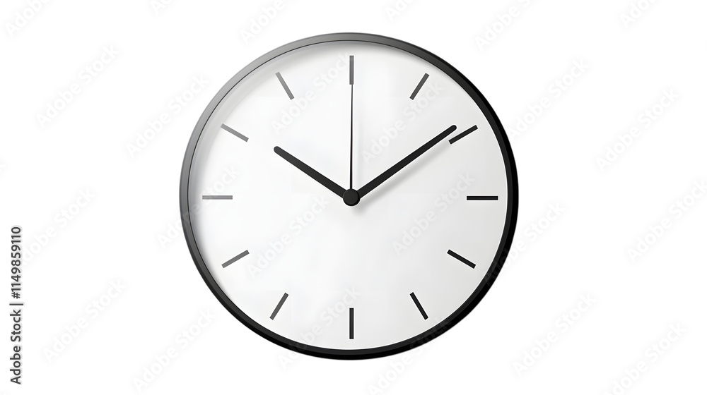 Sleek white wall clock with simple black hands and a minimalist design, ideal for modern interiors. Isolated on transparent background