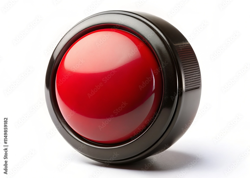 Close-Up Red Push Button with Black Bezel Isolated on White Close-Up Red Push Button with Black Bezel Isolated on White