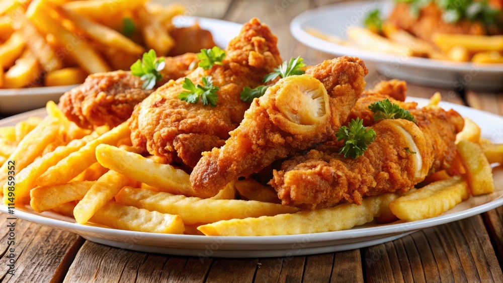 Close-Up Worm's Eye View: Crispy Chicken & Golden Fries Plate - Delicious Fast Food Photography Close-Up Worm's Eye View: Crispy Chicken & Golden Fries Plate - Delicious Fast Food Photography