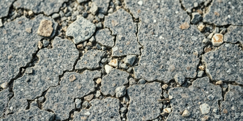 Cracked Pavement Surface Texture A Detailed Close-Up Showing Aged Stone Aggregate and Extensive Fracturing Cracked Pavement Surface Texture A Detailed Close-Up Showing Aged Stone Aggregate and Extensive Fracturing