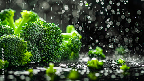 Fresh broccoli florets with water droplets on a dark background, symbolizing freshness, health, and organic eating. photo