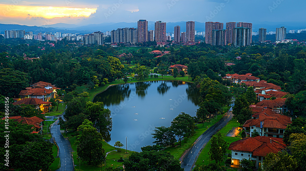 Fototapeta premium Aerial view of a lake surrounded by houses and cityscape at dusk.