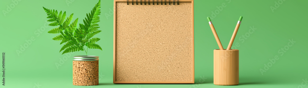 Fototapeta premium close up of corkboard with plant, pencils, and green background, creating fresh and eco friendly workspace