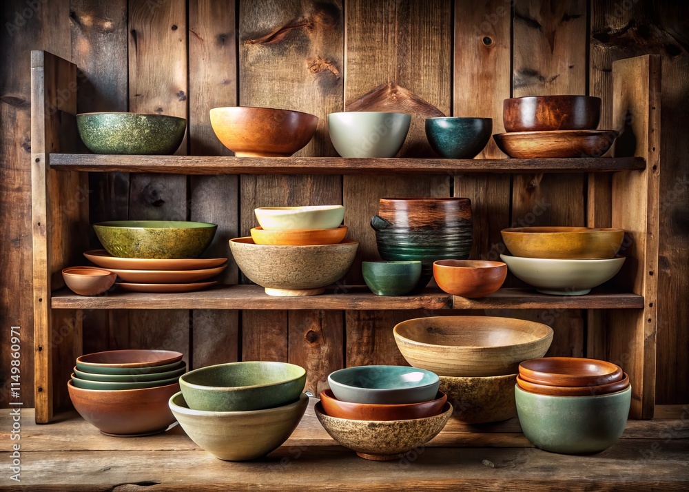 Elegant Ceramic Bowl Display: Wooden Shelf Arrangement, Rule of Thirds Photography Elegant Ceramic Bowl Display: Wooden Shelf Arrangement, Rule of Thirds Photography