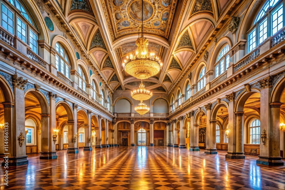 Obraz premium Empty Grand Hall: Majestic Interior, Vast Space, Architectural Detail, High Ceiling, Large Room, Spacious, Empty Room, Cathedral Ceiling, Stone Architecture, Architectural Photography