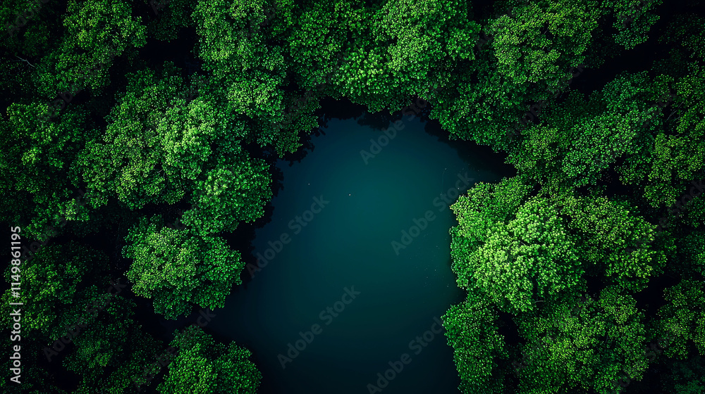 Aerial view of a serene, dark blue lake nestled within a lush green forest. Aerial view of a serene, dark blue lake nestled within a lush green forest.