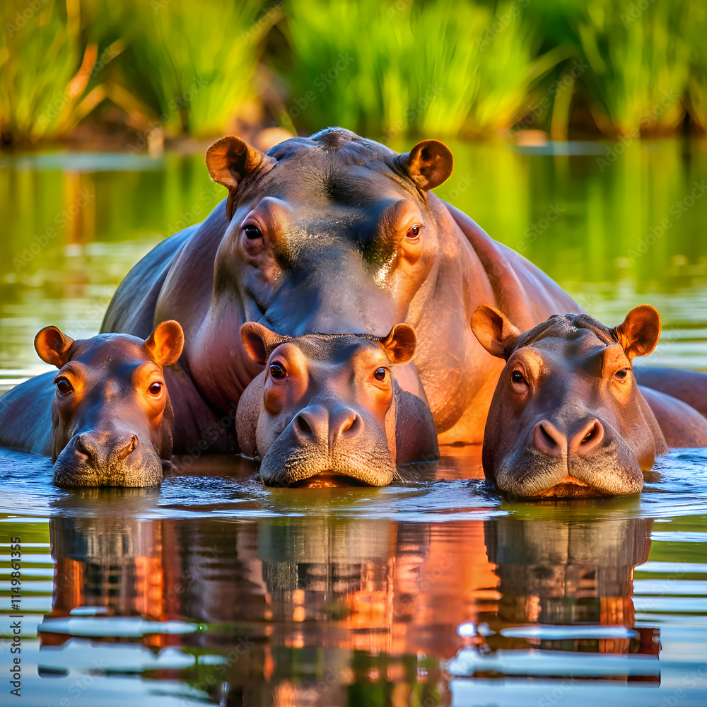 Fototapeta premium Three hippos bask in a tranquil river.