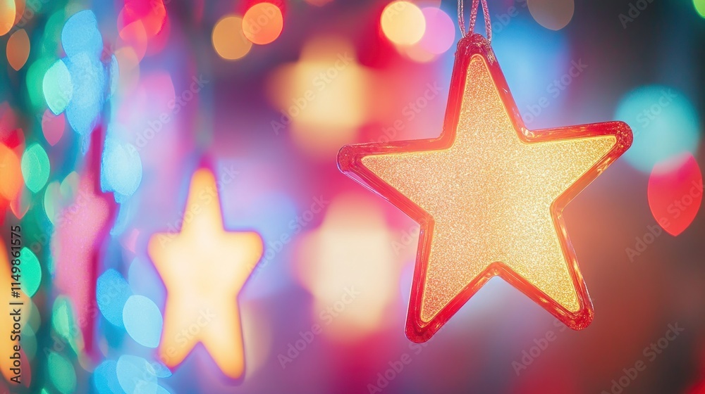 Illuminated star ornaments hanging against a bokeh background of colorful lights. Illuminated star ornaments hanging against a bokeh background of colorful lights.