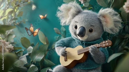 Cute koala playing ukulele in lush greenery with butterflies. photo