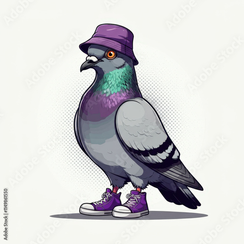 Stylish pigeon wearing a purple hat and sneakers, showcasing urban flair photo